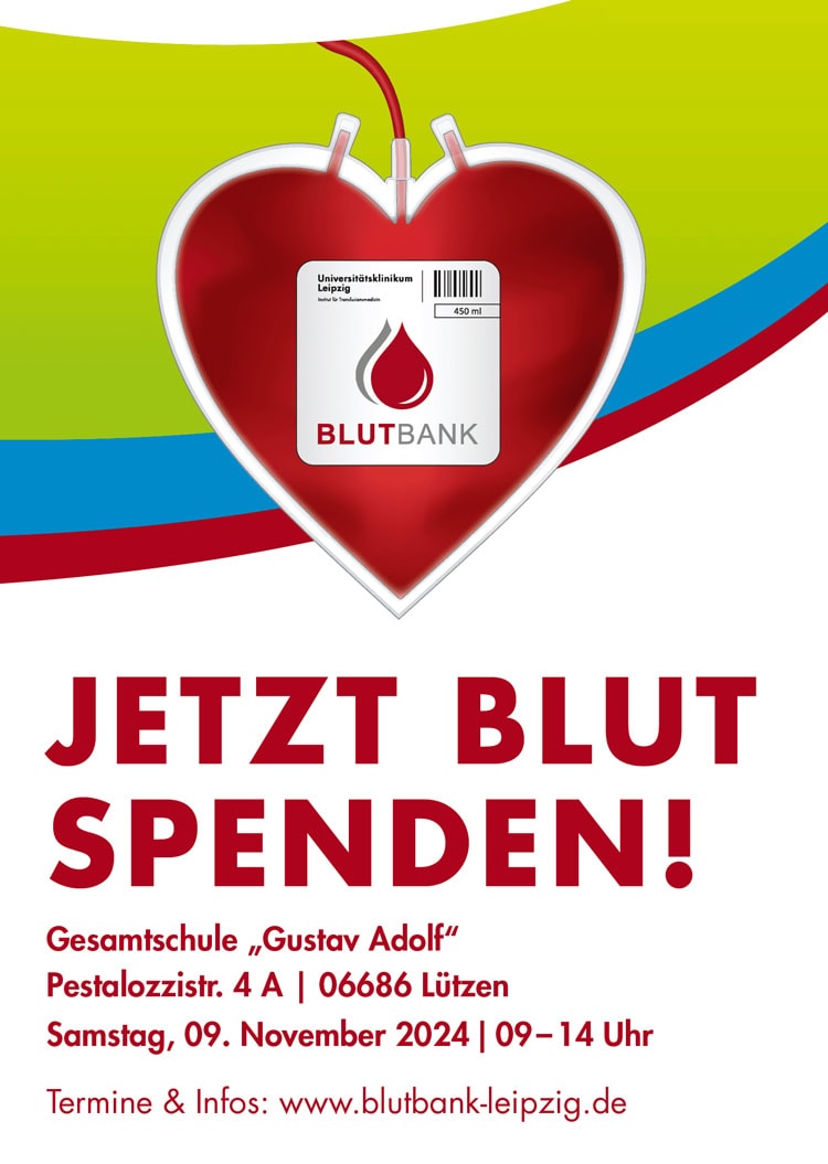 Blutspendeposter: Herzsymbol mit Blutbeutel. Datum: 09.11.2024, Ort: Gesamtschule Lützen.